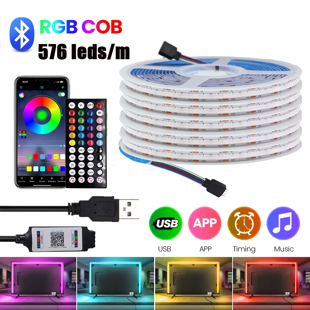 

Bluetooth APP-управление DC 5V USB RGB COB полоса 576 светодиодов/м подсветка телевизора украшение для дома