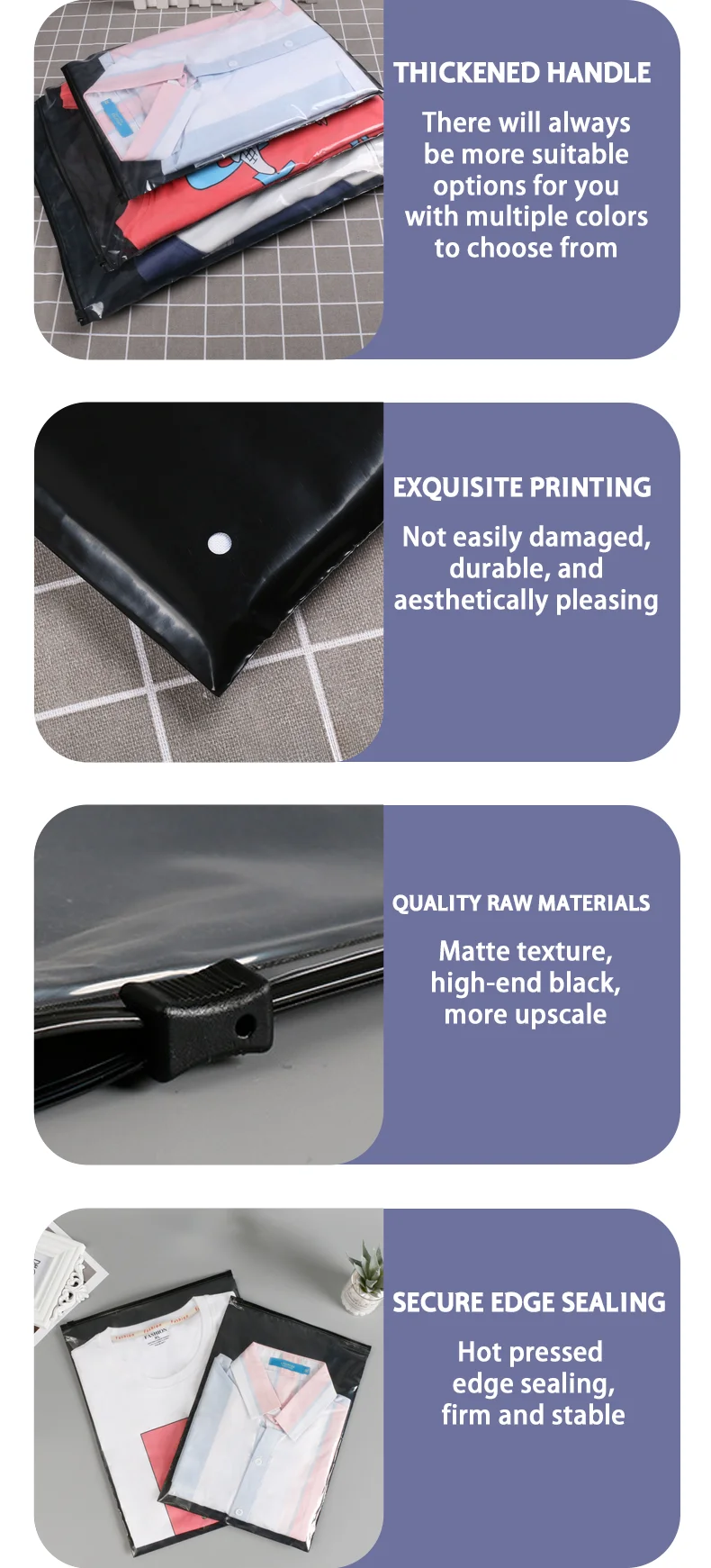 50 schwarze transparente Verpackungsbeutel für Herren- und Damenbekleidung mit Reißverschlusstaschen, die individuelle Logos unterstützen. – Detail 3