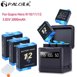PALO GoPro 12 11 Battery for 2000m Go Pro hero 10 +LCD 3-Slots Type-C Charger GoPro Hero 9 Go Pro 10 hero 11 12 Sport Cameras
