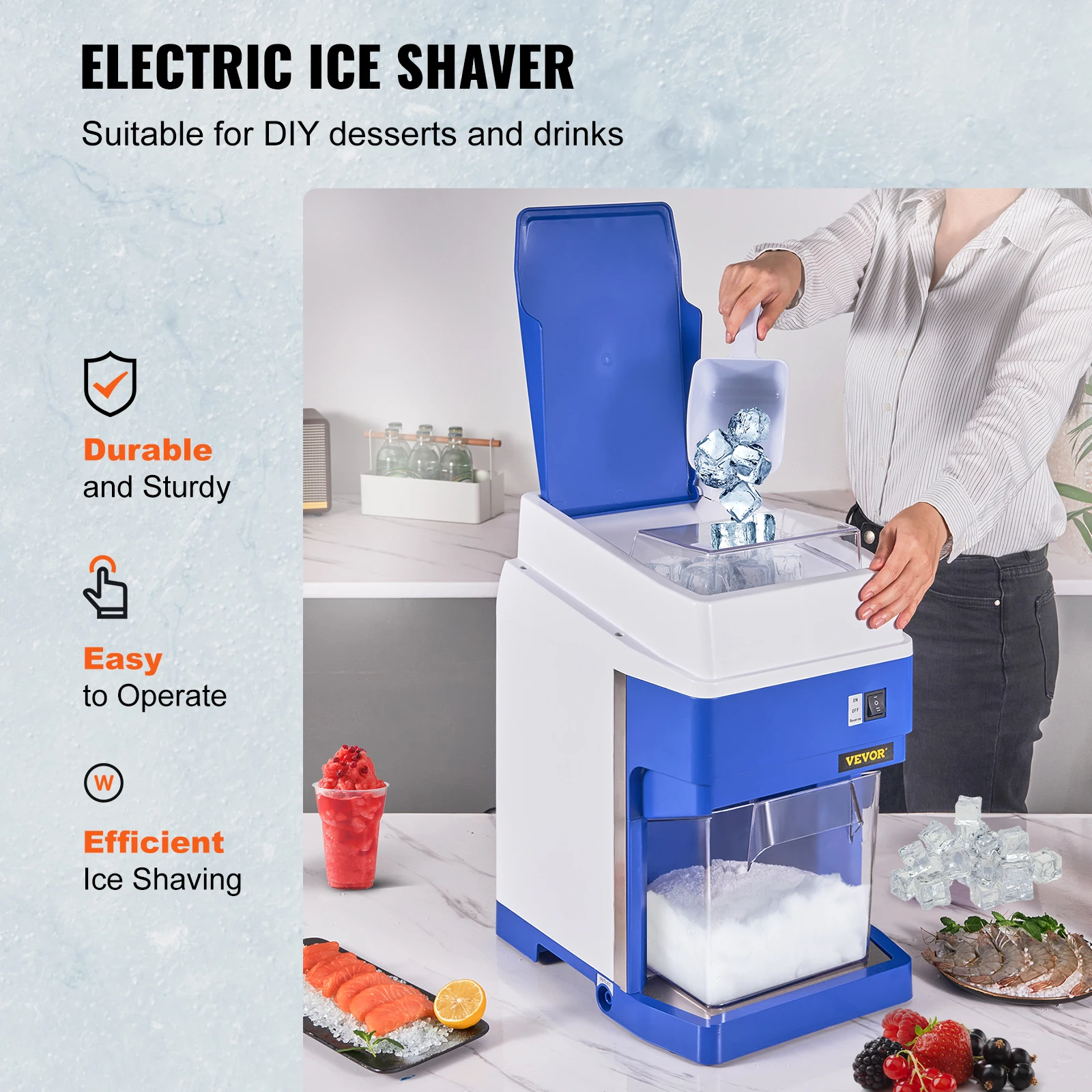 VEVOR 265 LBS/H Commercial Ice Shaver Electric Ice Crusher Stainless Steel Snow Cone Shaved Ice Machine 650W Snowmaker