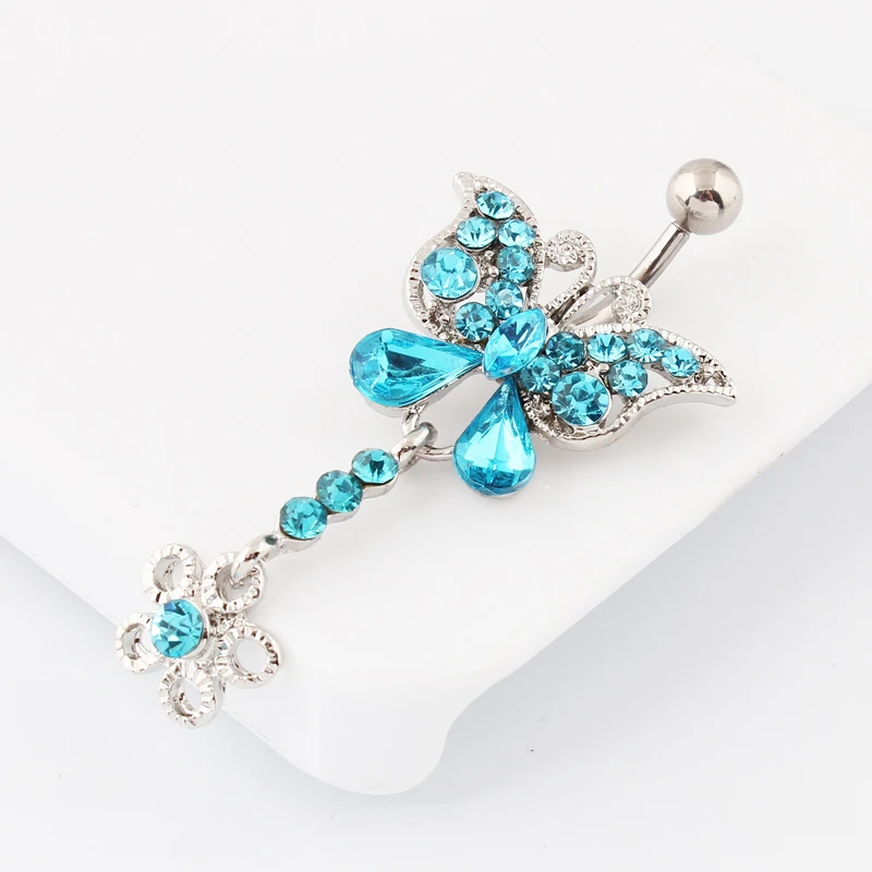 Rhinestone Blue Butterfly Belly button ring Woman Fashion Body piercing Navel ring jewelry  14G 316L Surgical steel Bar TAIERS