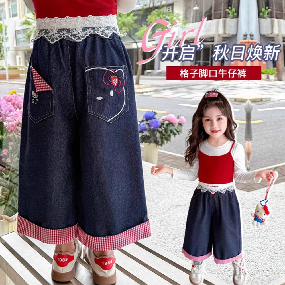 

Джинсы Hello Kitty Sanrio для девочек, широкие брюки, детская весенне-осенняя универсальная повседневная кавайная модная новая одежда с героями мультфильмов аниме