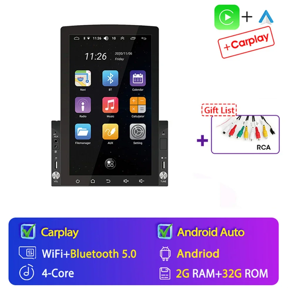 Android 15 Auto Auto Radio Universeel Voor 10.1 inch Voor Tesla Stijl Verticaal Scherm Multimedia Navigatie Carplay 2 Din 4G + WIFI