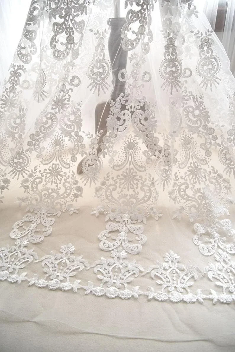 

1 Yard White black Vintage flowers embroidery lace fabric white tulle for wedding bridal veil 51" width