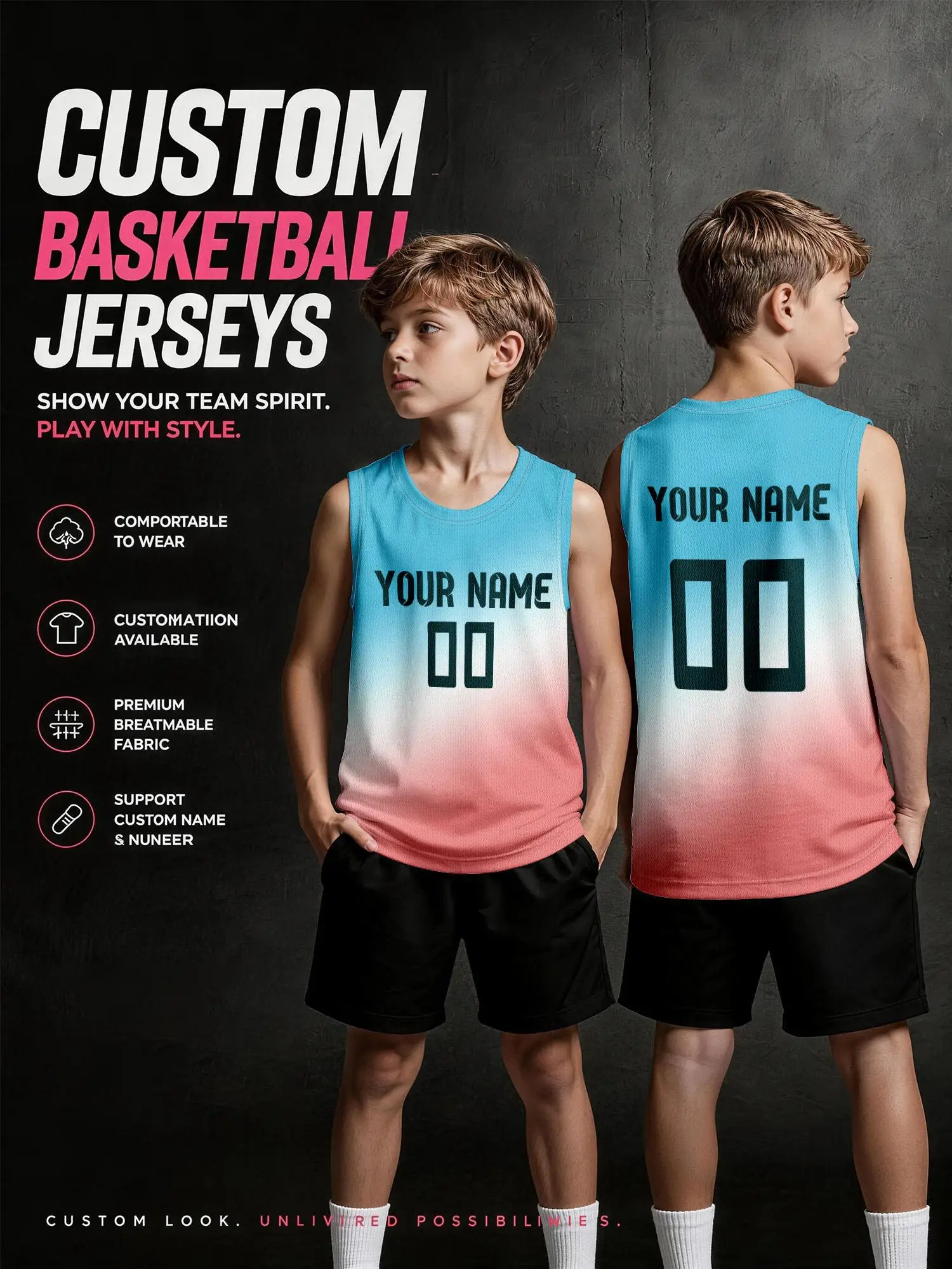 Light‑Blue Pink Gradient Custom Basketball Jersey, Adults Kids Name Number Print Quick‑Dry Set