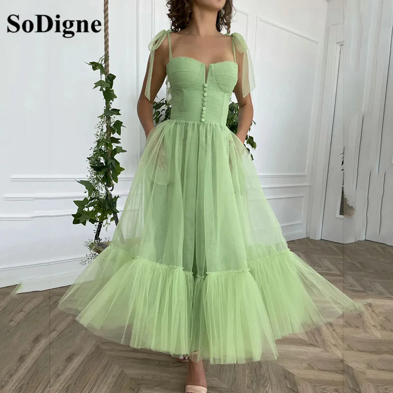 

SoDigne Midi Prom Dresses With Poackes Spaghetti Straps Tea-Length Tiered Wedding Party Dresses 2022 Short Evening Gowns