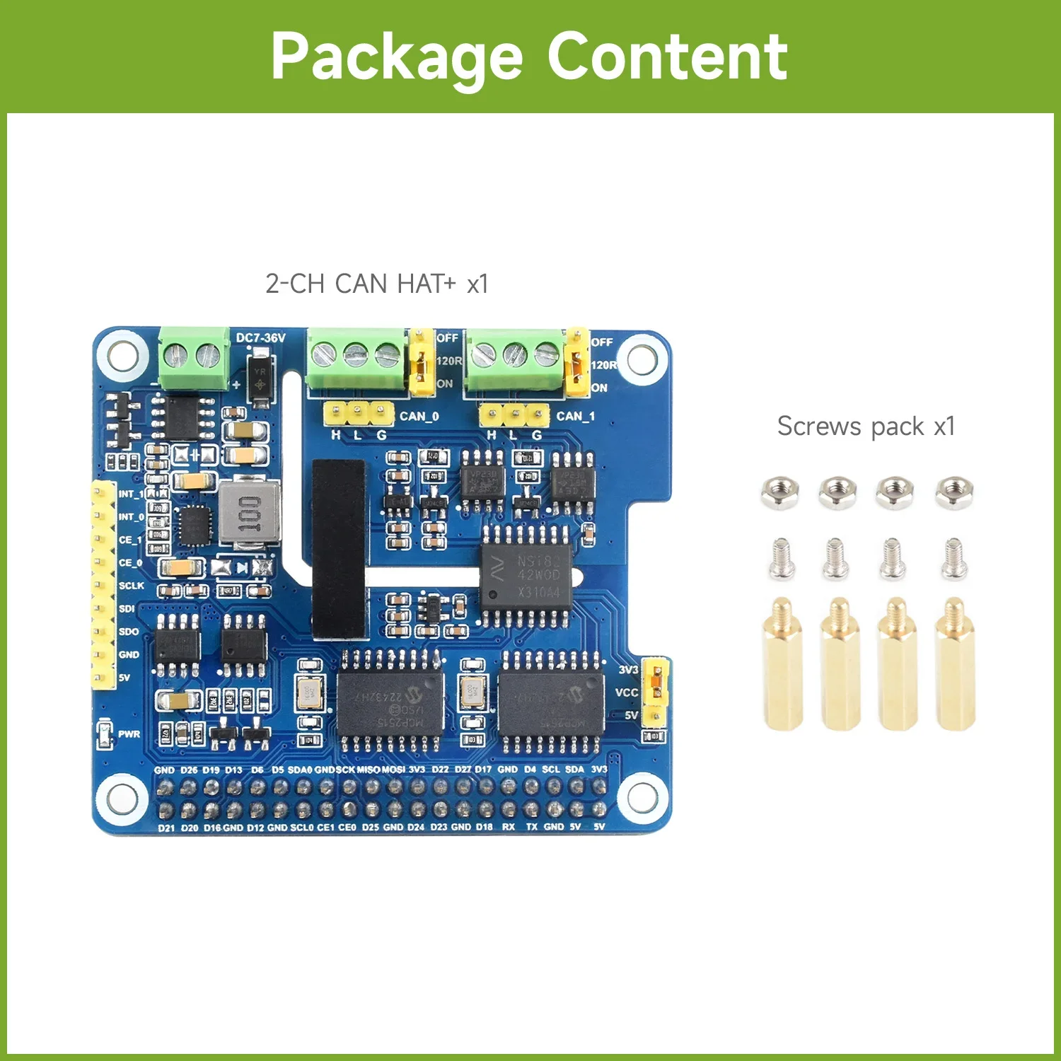 Waveshare 2-Channel Isolated CAN Bus Expansion HAT For Raspberry Pi Zero/Zero W/Zero WH/2B/3B/3B+/4B/5, Dual Chips Solution