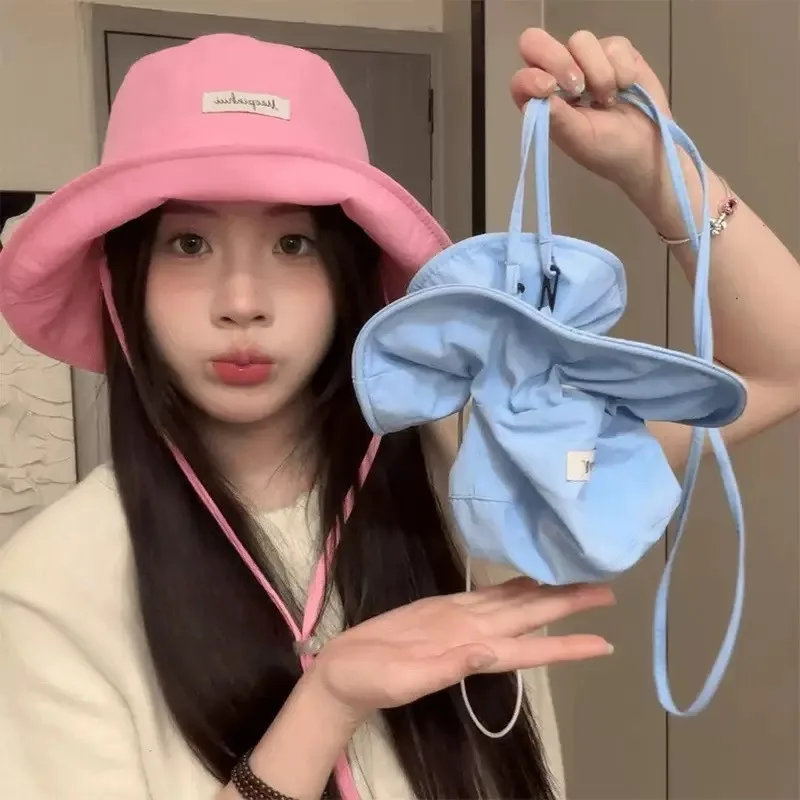 Cute 2-in-1 Foldable Bucket Hat with Lanyard Convertible Drawstring Bag Wide Brim Sun Hat Portable  Soft  for Women Girls