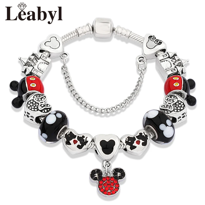 Potdemiel Black Crystal Mickey Beaded Bracelets Silver Color Minnie Castle Cartoon Charm Jewelry