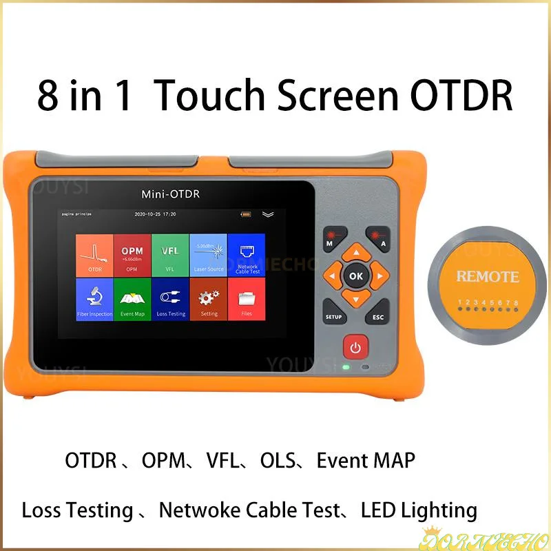 8 In 1 MINI OTDR Touch Screen 1310/1550nm 24/22dB Fiber Optic Reflectometer With VFL OLS OPM Event Map Ethernet Cable Tester