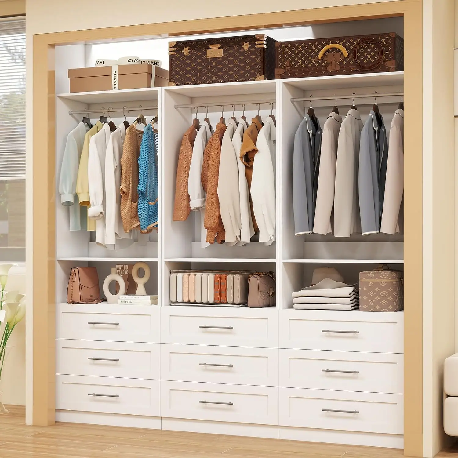 Closet System 9 Drawers 6 Rods, Modular Walk-in Storage Rack, Freestanding Wardrobe Organizer, White 6FT, Customized
