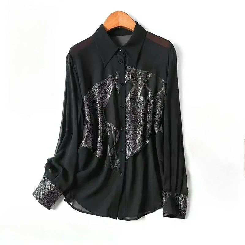 

2025 New Summer Blouse Women Chinese Style Long Sleeve Floral Print Patchwork Chiffon Womens Tops Casual Runway Female Shirt