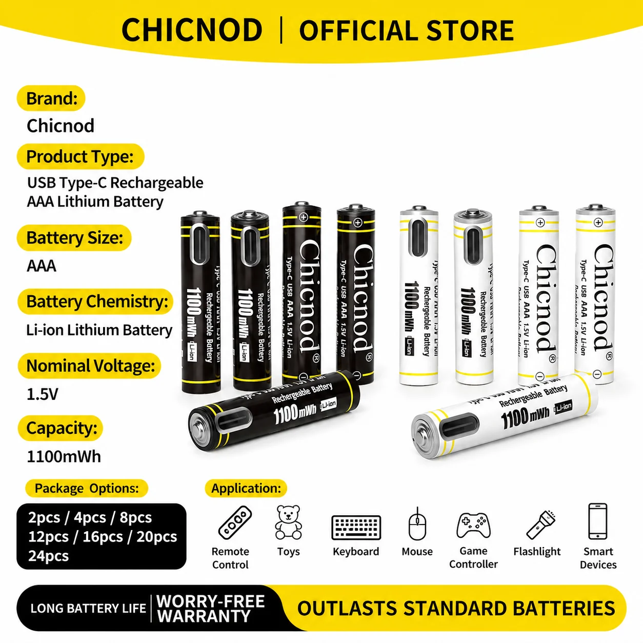 CHICNOD AAA Rechargeable Battery 1100mWh 1.5V Li-ion Lithium Battery USB Type-C Fast Charging Battery for Remote Control