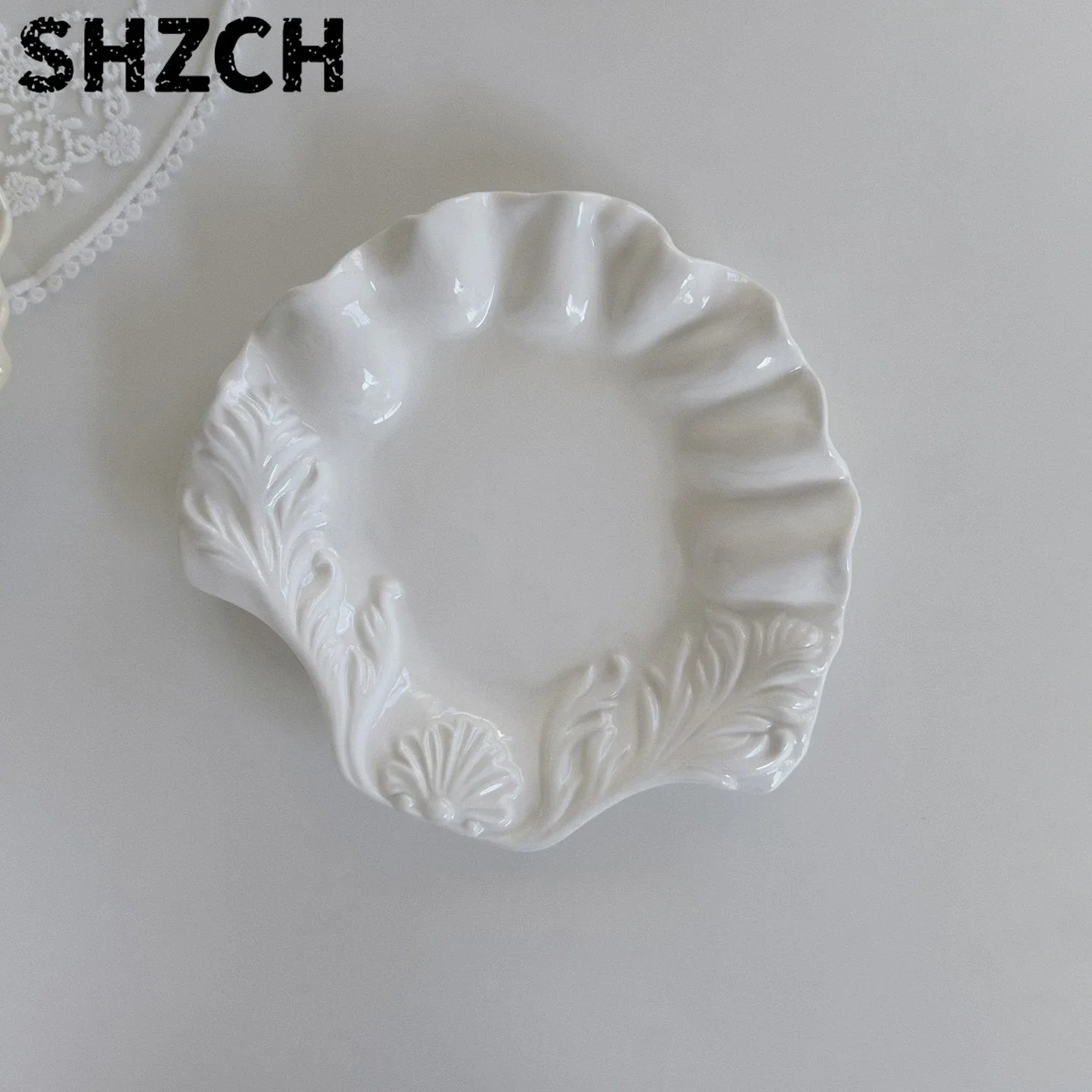 Ceramic Dessert Plate Fruit Plate Shell Relief Underglaze Jewelry Dish, Decorative Tray for Rings Earrings Necklaces Bracelet