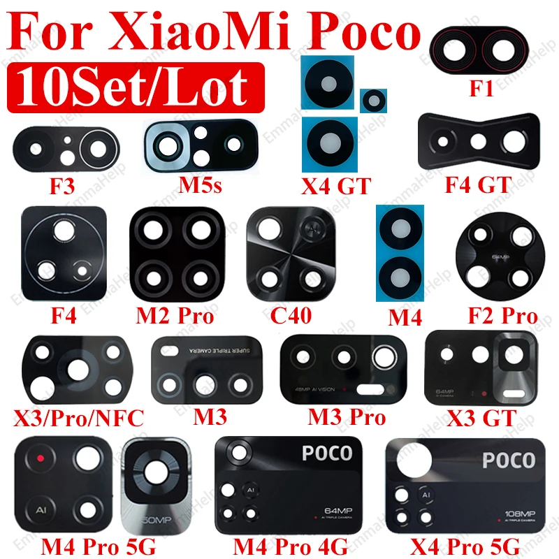 EmmaHelp 10pcs Rear Back Camera Lens Glass for Xiaomi Poco M4 Pro 4G X3 X4 Pro 5G F4 GT F3 M5s M4 M3 M2 C40 C3 With Adhesive Glu