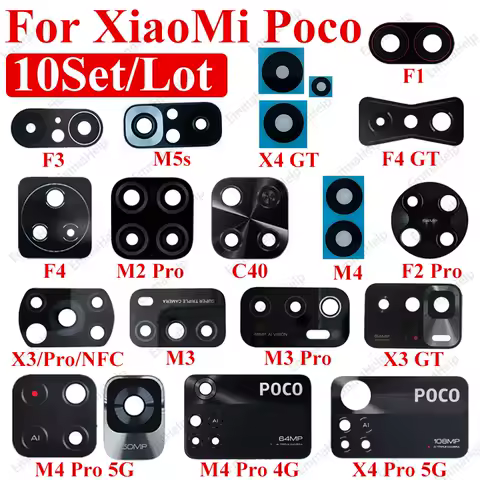 EmmaHelp 10pcs Rear Back Camera Lens Glass for Xiaomi Poco M4 Pro 4G X3 F4 GT F3 M5s M4 M3 M2 C40 C3 With Adhesive Glu