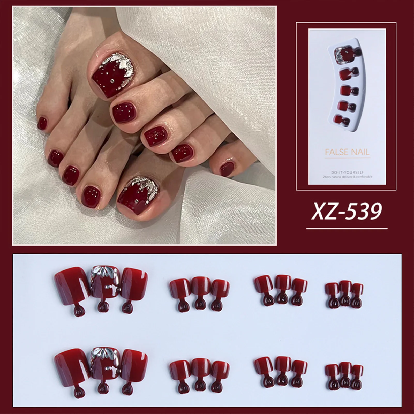 False Toenails for Gel Art Wine Red False Toenails with Rhinestones for Women Decoration Toe Nail Art