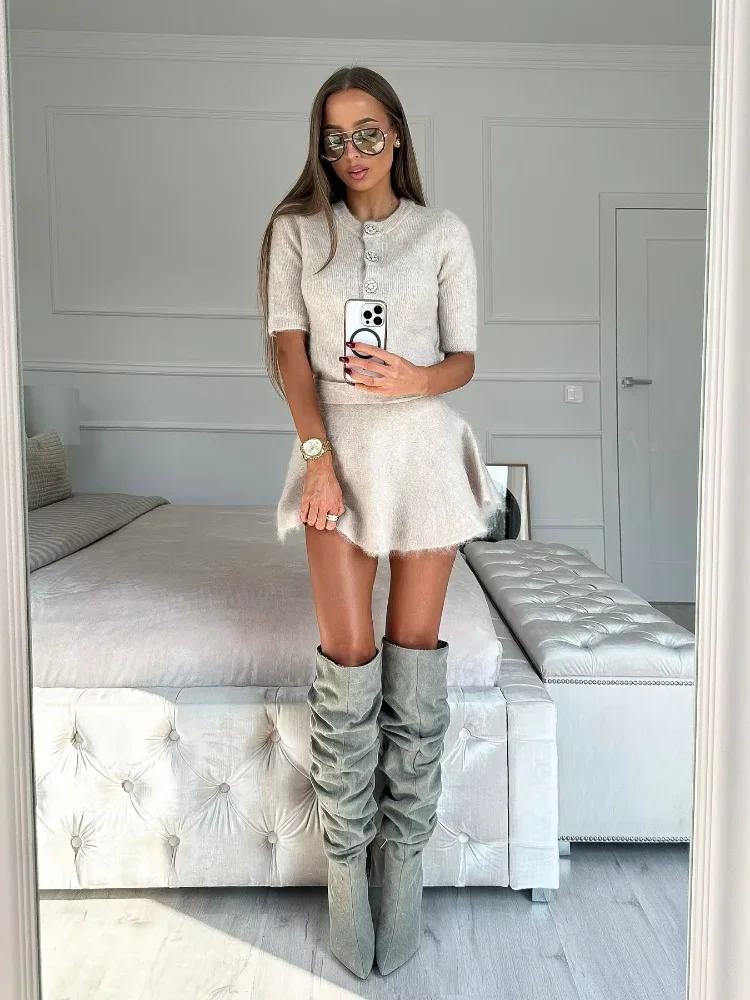 2025 Chic Women Button Knit Top Suit New Women's Wool Half Sleeve Slim Vestidos Skirts Suits Lady Commute Casual Knitted Outfits