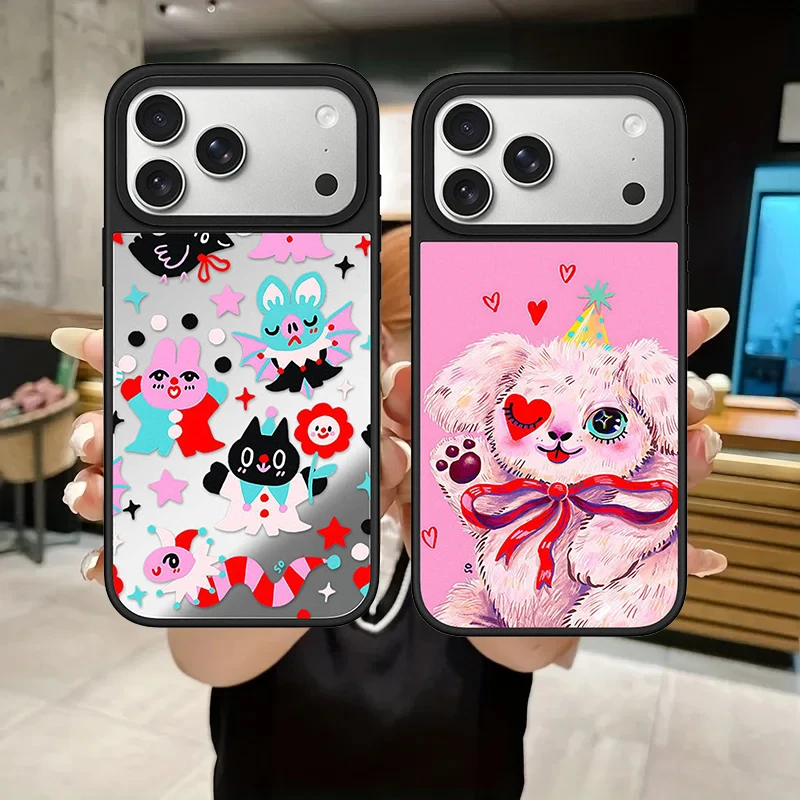 Pink Plush Puppy Pattern Mirror Surface Magnetic Phone Case Cover for IPhone 13 14 15 16 17 Pro Max Case for IPhone 17 Air