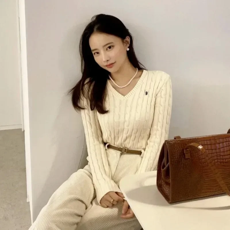 

Вязаный топ, повседневные короткие пуловеры, женский свитер с v-образным вырезом, тонкий однотонный женский джемпер, осень-зима, женский длинный рукав, твист Traf