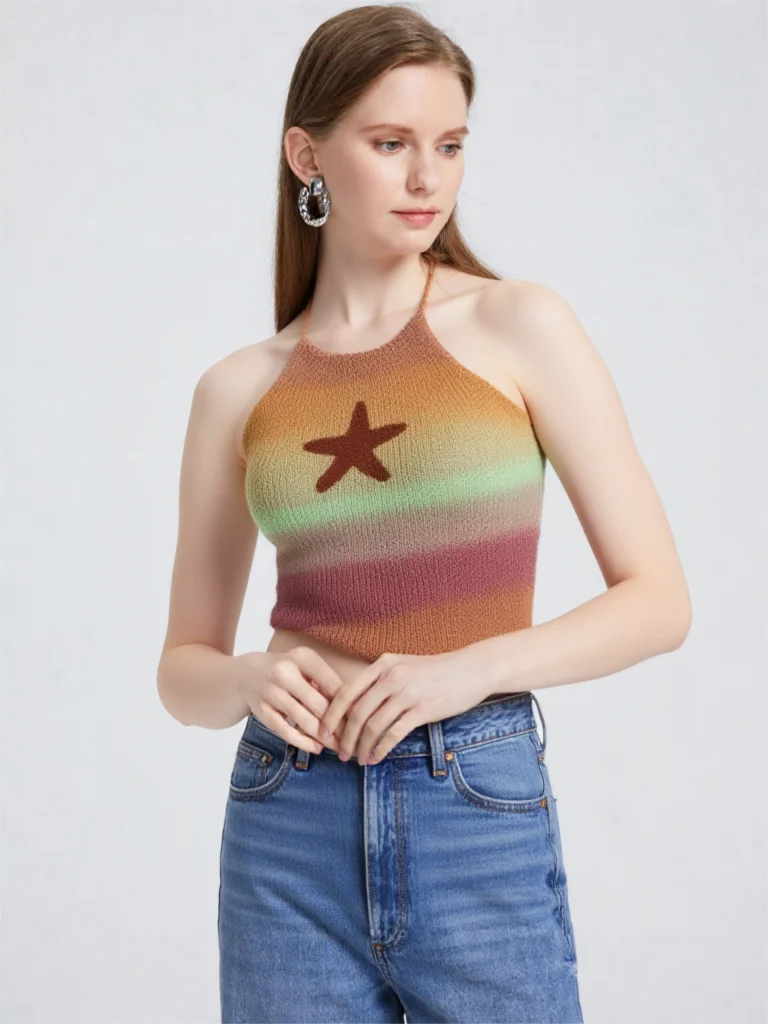 

2026 Summer Colorful Star Knit Halter Cami Women Tie Backless Y2K Crop Top