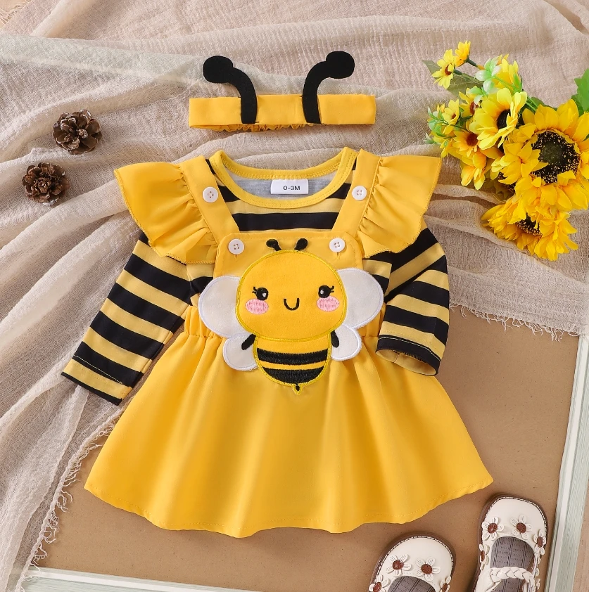 

Baby Girls Autumn Skirt Clothes Sets Flying Sleeve Romper Bee/Beetle Embroidery Suspender Dress Headband Sets Cute Baby Costume