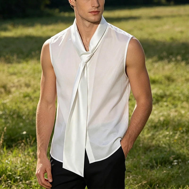 Stylish Wrap Tie-up Mesh Tank Tops 2026 Summer Vintage Mens Solid Color See Through Mesh Shirt Men Fashion Sleeveless Camisoles
