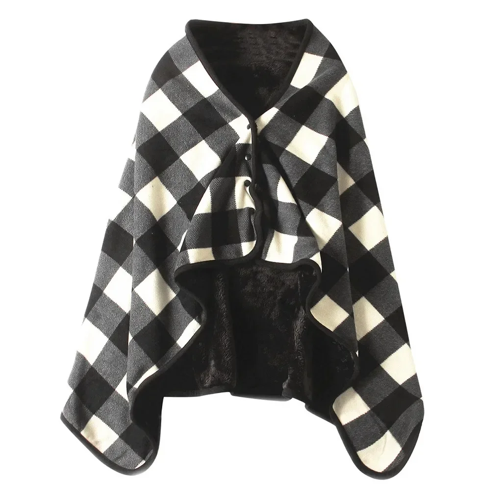 Wearable Blankets Shawl Blankets Double Layer Polar Fleece Plaid Cape Throw With Buttons Warm Office Blanket for Sofa Travel Hom