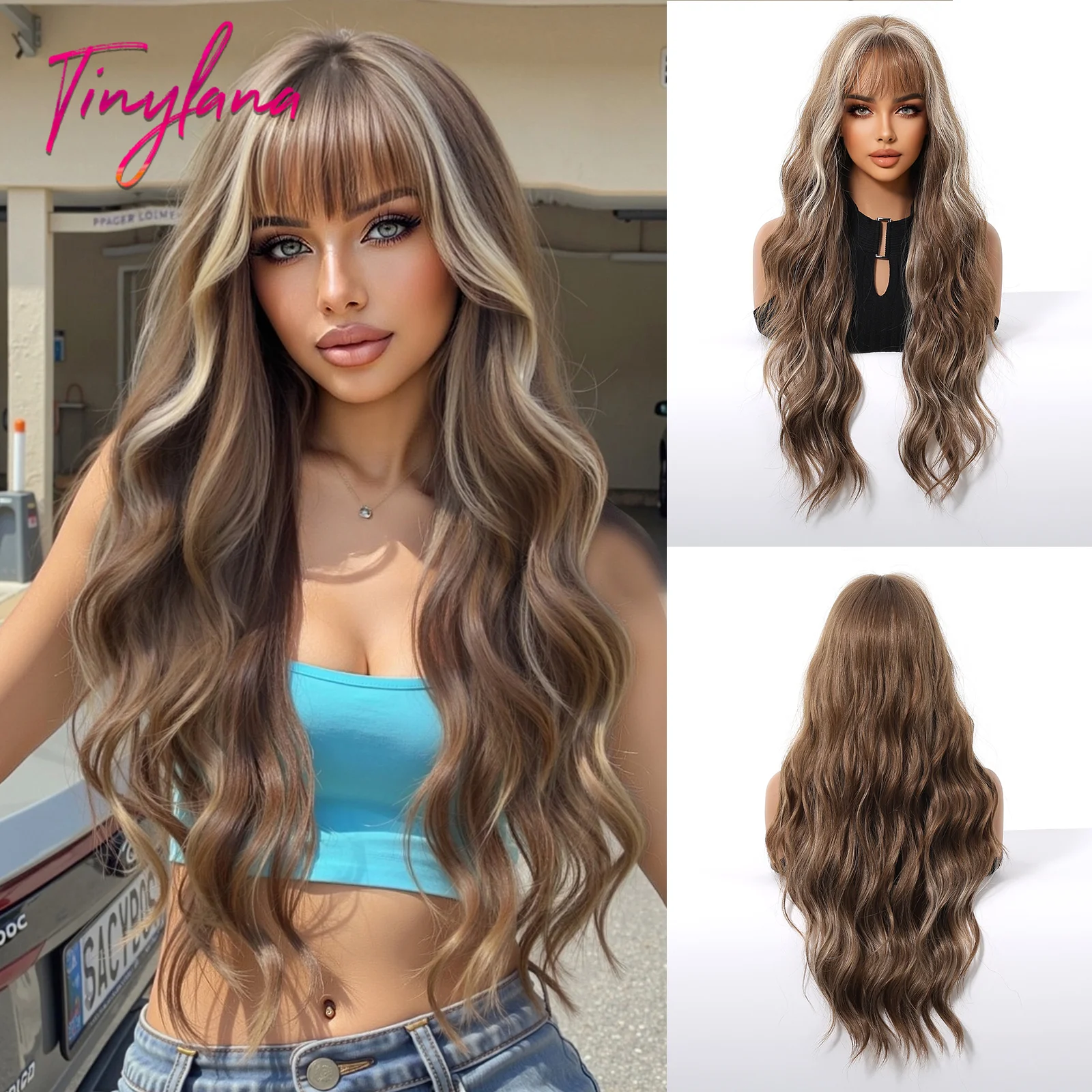 

Long Brown Highlight Blonde Curly Wave Synthetic Wigs with Bangs for Women Daily Cosplay Costume Hair Party Wig Heat Resistant