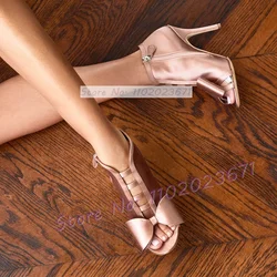 Nude Satin Peep Toe Ankle Boots Women Stylish Silk Bowknot Summer Cutout Booties Female Elegant Side-zip Cage-like Strap Shoes