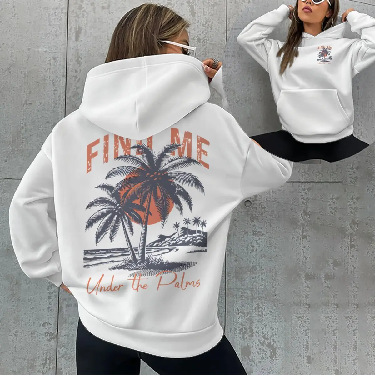 

Find Me Under The Palms Tropical Graphic Print Hoodies Men Women Casual Holiday Wear Retro Palm Tree Design Streetwear Hoodie