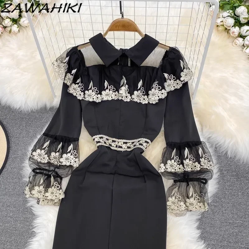 ชุดเดรสวินเทจสําหรับผู้หญิงเย็บปักถักร้อยจีบลูกไม้ Vestidos Patchwork Slim เอว Femme Robe Temperament Office Lady Ropa Mujer