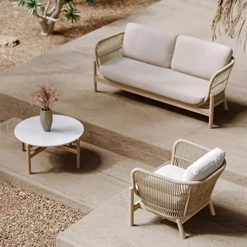 Nordic solid wood outdoor leisure rattan antiseptic wood sofa waterproof and sunscreen courtyard model room teak furniture combi