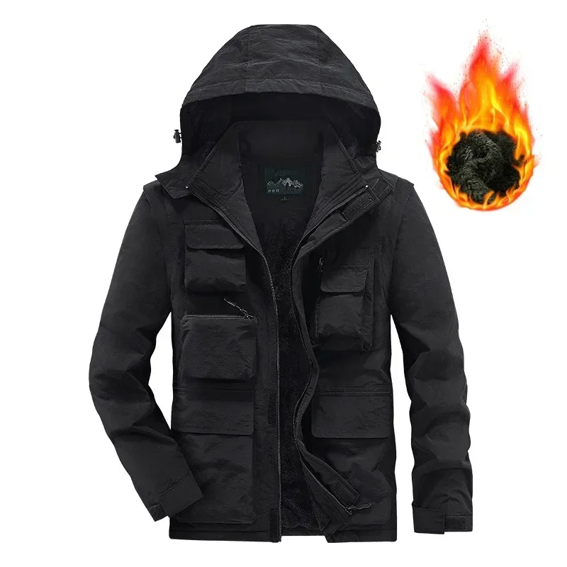 Men Hooded Outdoors Tooling Jackets Multi Pockets Fleece Warm Long Down Jackets High Quality Male Winter Casual Parkas Size 4XL