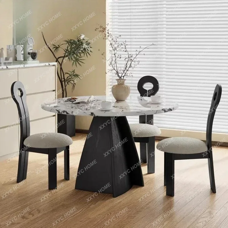 

Hh2cc2 retro small apartment marble black solid wood round dining table household wind antique round dining table