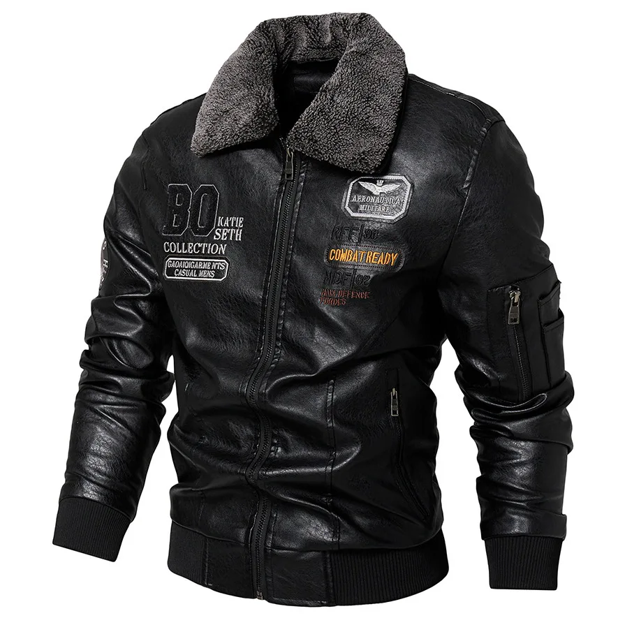 Men's Winter Casual PU Leather Letter Embroidery Lapel Zipper Warm Motorcycle Jackets Male Vintage Military Bomber Jacket Coats