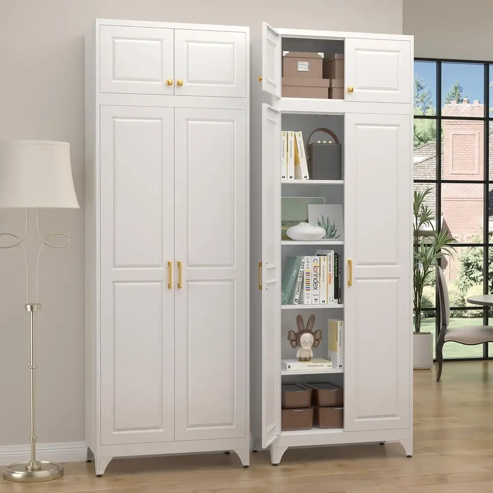 

Металлический кухонный шкаф для кладовой с 4 регулируемыми полками, белый с 2 золотыми ручками, высокий шкаф для хранения вещей для гостиной, кладовой,