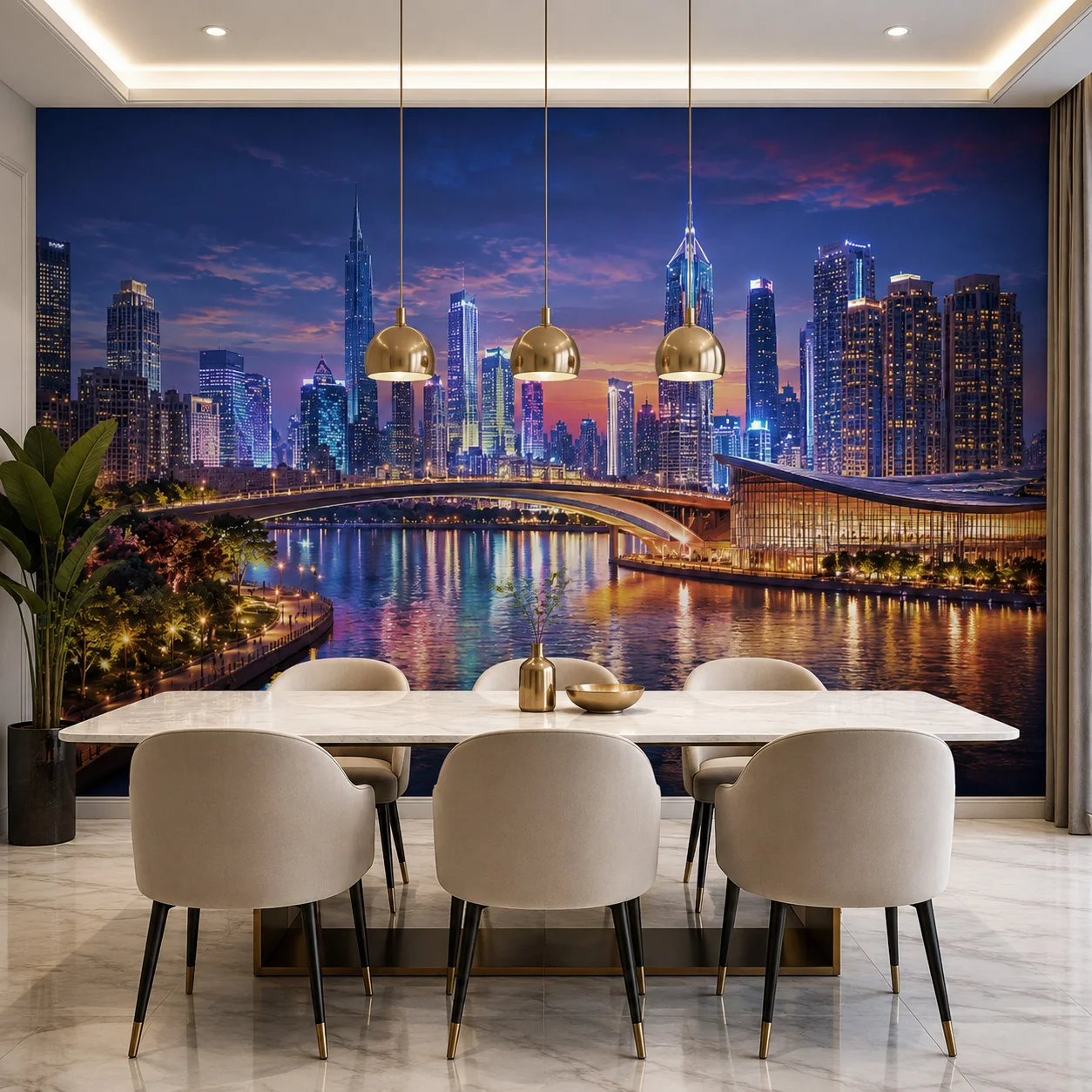 Modern City Skyline Night View Wall Mural Self Adhesive Wallpaper Waterfront Bridge Peel and Stick Living Room Bedroom Decor Art
