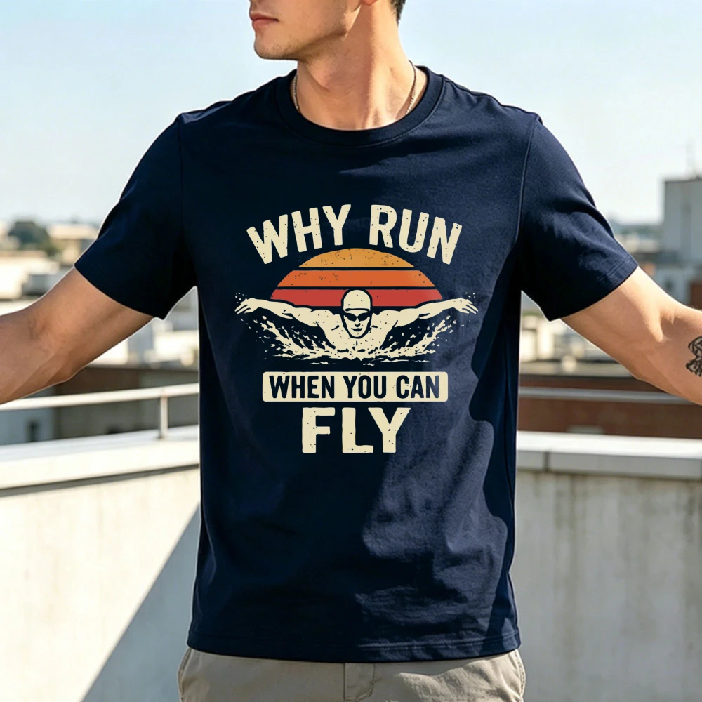 Why Run When You Can Fly Retro Sunset Butterfly Swimmer Graphic Tshirt Unisex Soft Cotton Tee Swimmer Athlete Casual Gift Tops