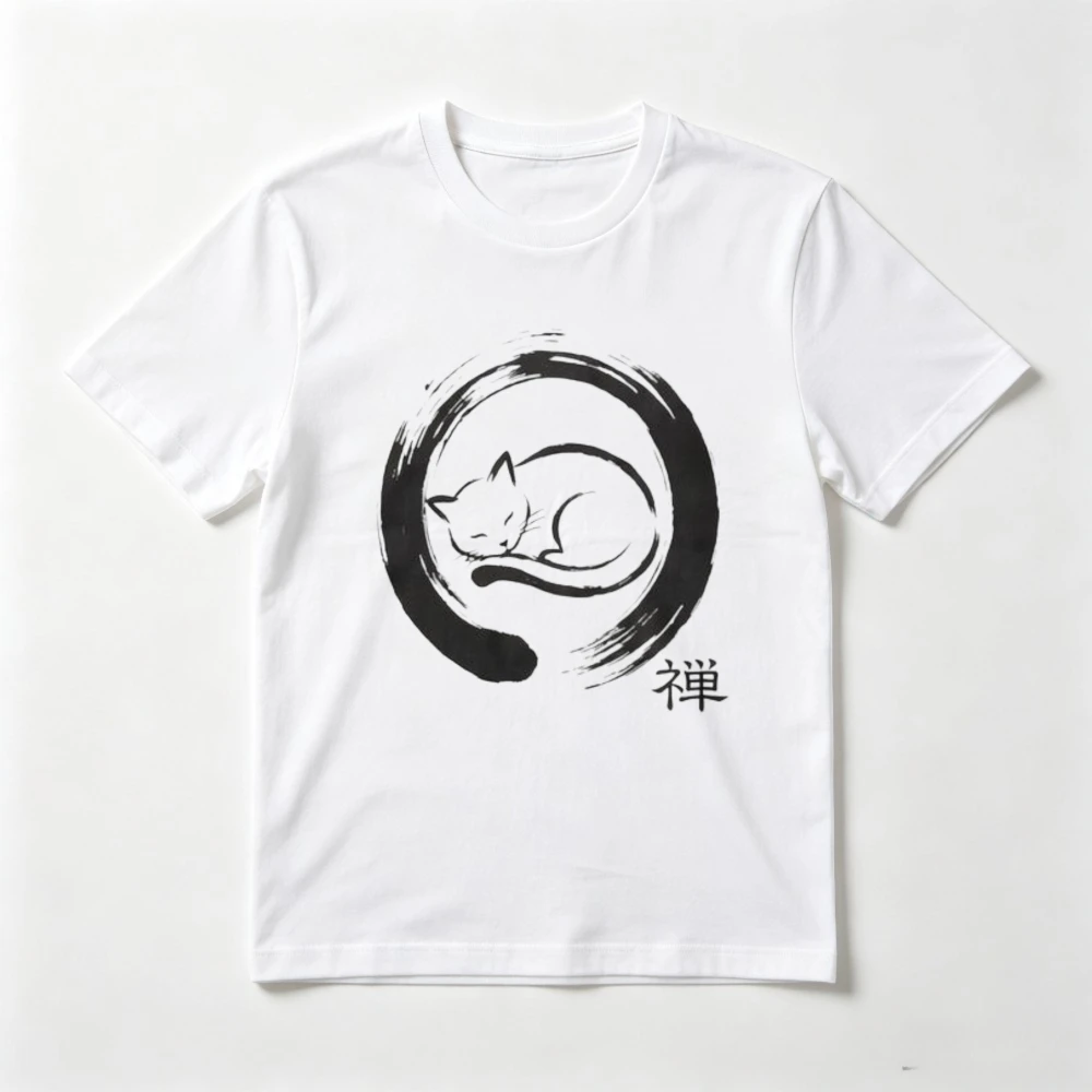 Minimalist Japanese Art Zen T-Shirt Gift for Cat Lover Tshirt Casual Fashion Loose Harajuku Short Sleeve Man Women Clothing