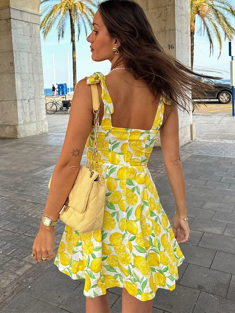 Fashion Lemon Print Mini Suspenders Dress Women Square Neck Sleeveless Pleated Robes 2024 Summer Female Vacation Dresses