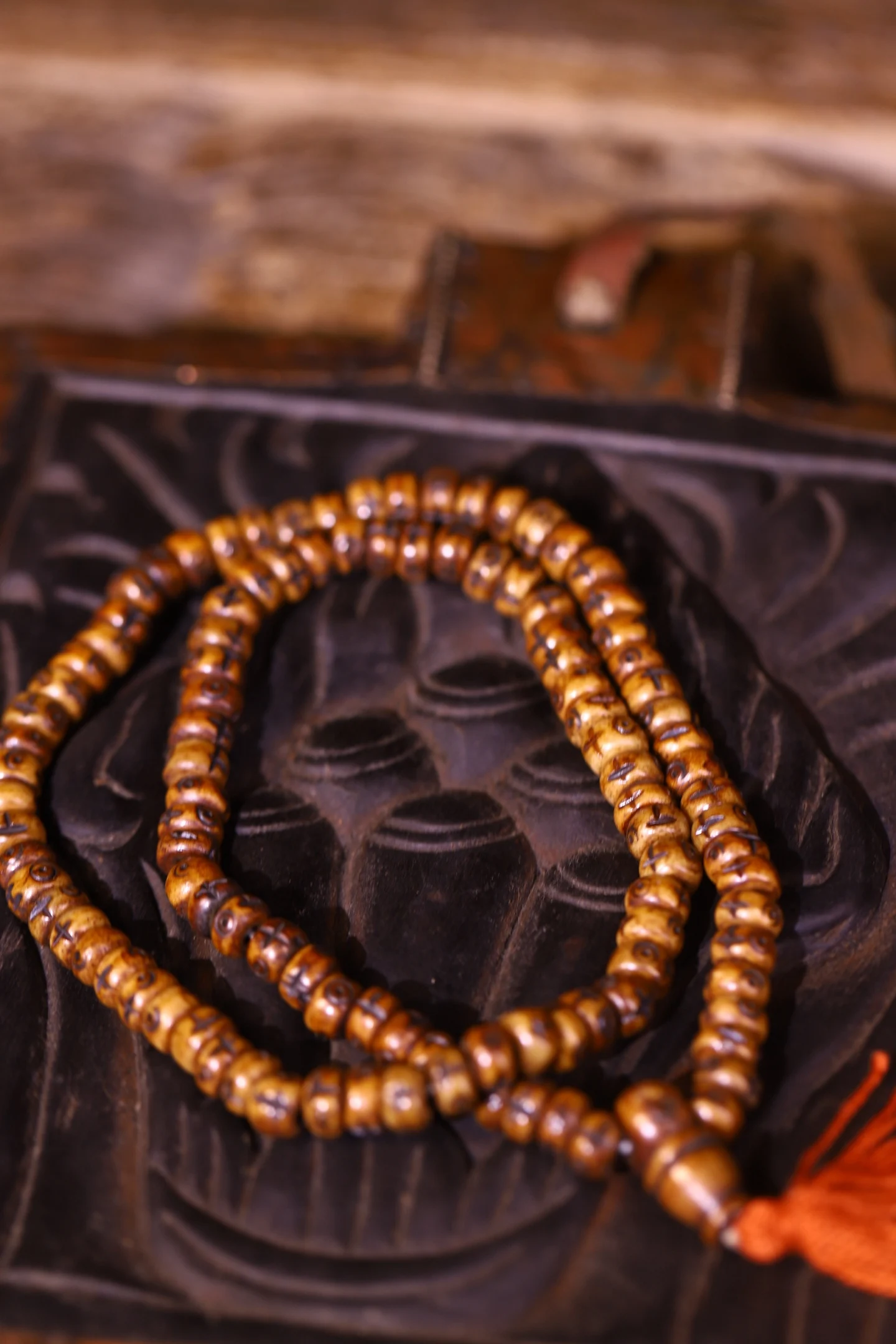 Yak bone Cinnabar carve Buddha symbol pattern 108 Buddhist beads necklace Pendant Amulet Dharam Town house Exorcism