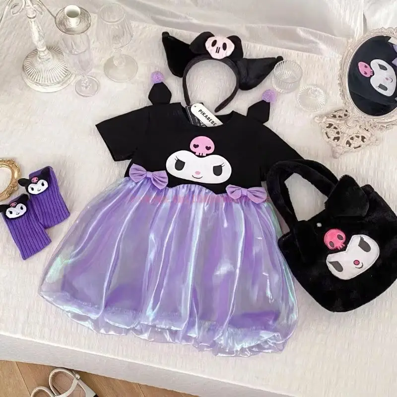 Sanrio Kawaii Kuromi Cartoon Girls Mesh Bud Dress Summer Anime Girly Heart Cute Sweet Kids Abito da principessa a maniche corte