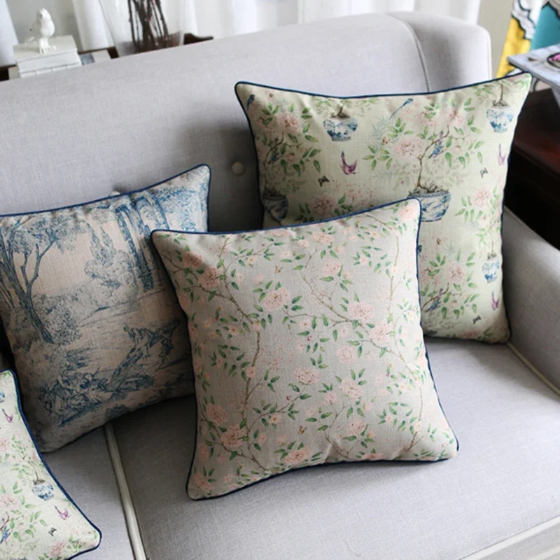 Reversible 45x45cm Cushion Cover Retro Cotton-Linen Floral Front & Deep Blue Velvet Back, Elegant Piped Edge Pillowcase for Home