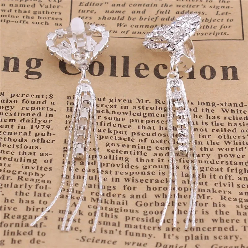 Hot Sale Rhinestone Crystal Long Tassel Tear Drop Geometric Flower Clip on Earrings No Pierced for Women Hypo-Allergenic Earring