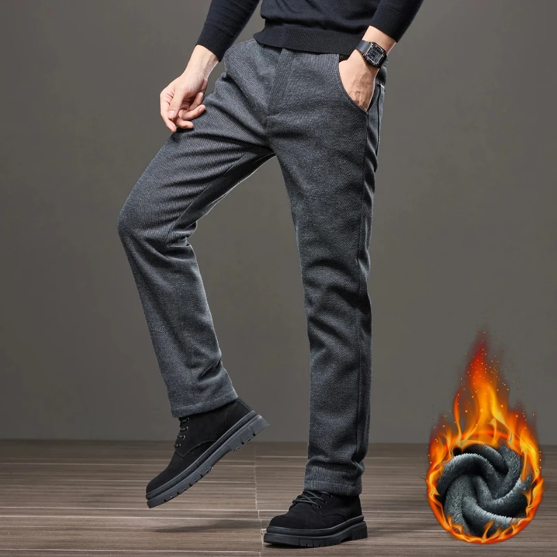 

Coffee Black Grey Fleece Men's Casual Pants Business Warm Thick Velvet Fashion Trousers Clothing Straight Stretch Thermal Pants