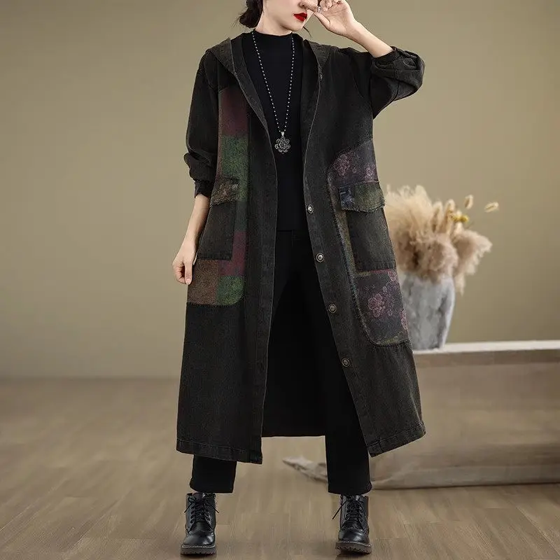 Autumn Coat Women Long 2024 Retro Patchwork Hooded Denim Jacket Loose Large Version Vintage Jeans Windbreaker Outerwear k2501