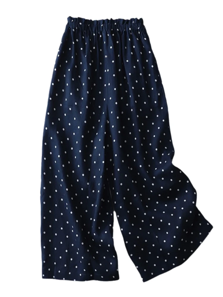 日本製水玉模様リネンワイドレッグパンツ レディース 夏 薄手 伸縮性 ハイウエスト ドレープ 細見え カジュアル ストレート コットン...