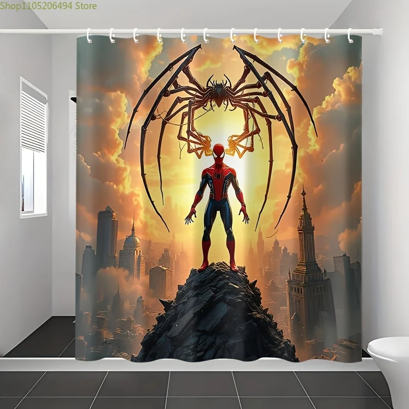 

Занавеска для душа MARVEL Spider-Man - яркий мультяшный дизайн с изображением Человека-паука и городского пейзажа Нью-Йорка, прочная полиэстеровая ткань, в комплекте с крючками.
