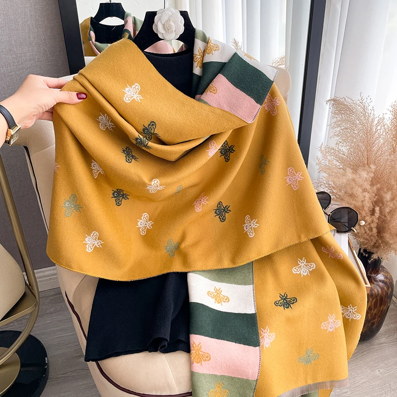 2024 New Fashion Bee Pattern Ladies\' Jacquard Pashmina Cashmere Scarf Winter Thick Warmth Two-Sided Color Contrast Shawl Blanket